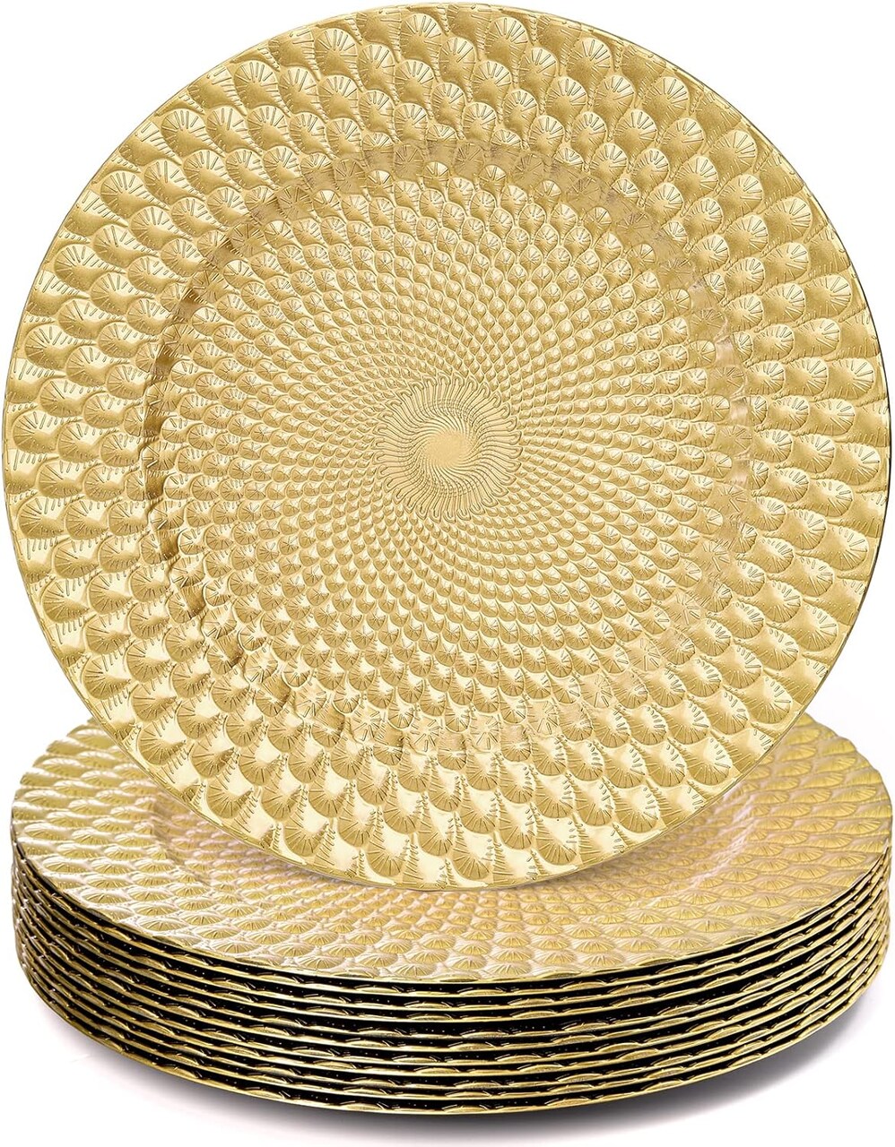 12 Pack Gold Charger Plates, 13" Plastic Round Decorative Dinner Under Plate, Reusable Elegant Peacock Service Chargers for Wedding Christmas Thanksgiving, Party Table Place Setting